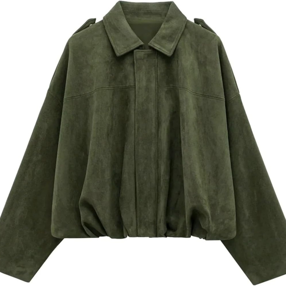 Oversized Olive Green Faux Suede Cropped Bomber Jacket XS Fits S-L